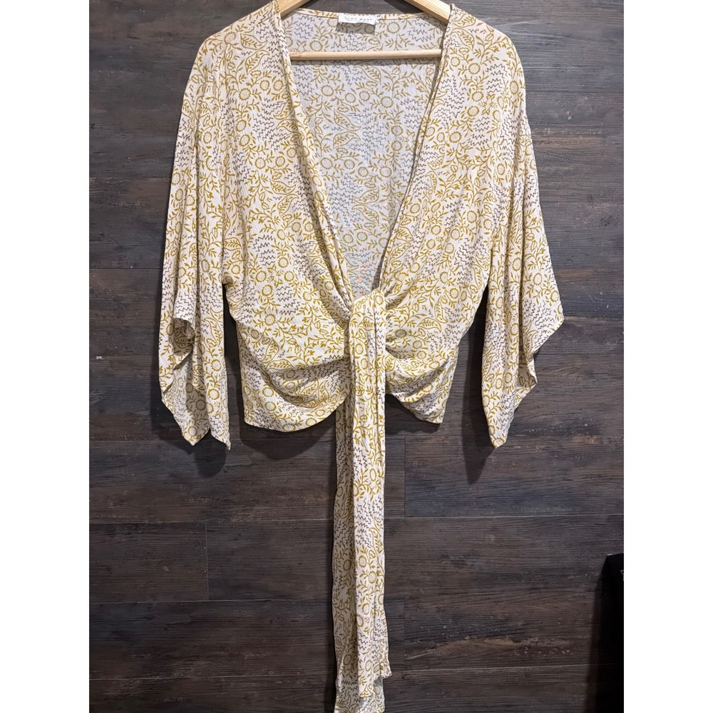 Miou Muse Los Angeles Yellow Floral Tie Front Wrap Top Rayon Boho MDT1305FLW L